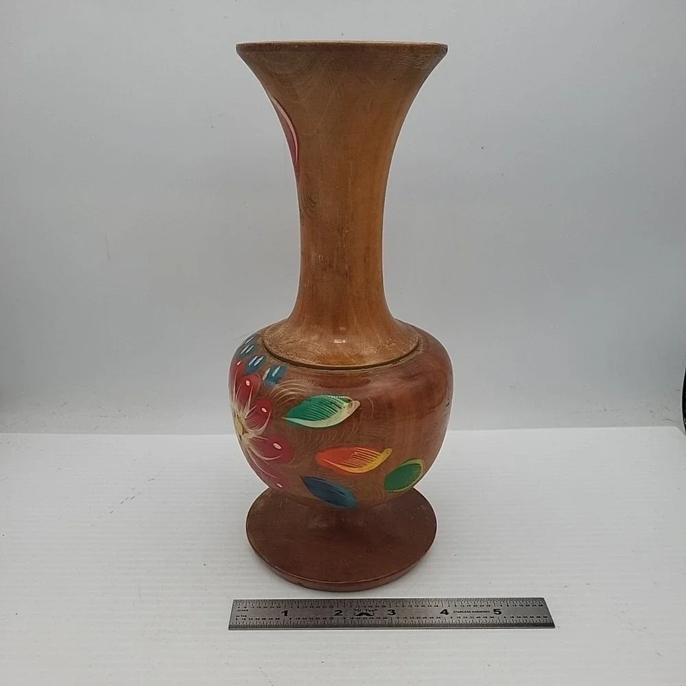 Wood Flower Vase Hand Carved Hand Turned Mexico 10” Brown Floral Painted